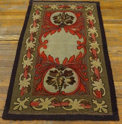 1910 Earth Tone Red Antique American Hooked Rug 2'5" x 3'10" Folk Art Carpet