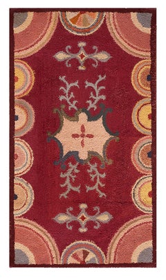 1920s Red Medallion Folk Art Antique American Hooked Rug 2'6" x 4'6" Wool Carpet