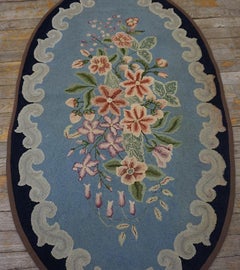 Vintage Mid Century Floral Light Blue Folk Art American Hooked Oval Rug