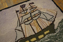 1940s Antique Maritime Nautical Sail Boat Pattern American Folk Art Hooked Rug
