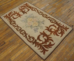 1930s Ivory European Floral Antique American Hooked Rug 2'8"x4'8" Woven Carpet