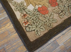Antique Late 19th Century Solid Ivory Cream Field American Folk Art Floral Rug