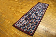 1930s Red Claret Abstract Folk Art American Hooked Rug 2'8"x9' Woven Wool Carpet