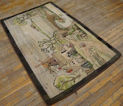 1940s Multi Scene Pictorial Folk Art American Hooked Rug 3'2"x5'6" Cotton Carpet