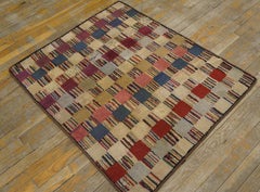 1930s Multi Geometric Antique American Hooked Rug 3'3" x 3'6" Woven Wool Carpet