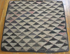 1880s Black White Red Geometric Antique American Hooked Rug 3'9" x 3'4" Carpet