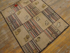 1920s Beige Rose Geometric Antique American Hooked Rug 3' 0" x 4' 0" Wool Carpet