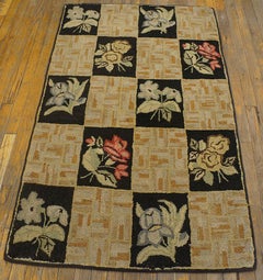 1930s Checkerboard Folk Art Antique American Hooked Rug 3'x5' Woven Wool Carpet