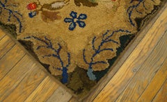 1880s Tan Colorful Floral Antique American Hooked Rug 3' x 5'5" Folk Art Carpet