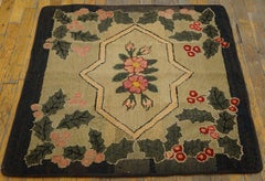 Awesome Gray Color with Unique Floral Design Antique American Hooked Rug