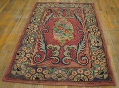 1890s Pink European Florals Antique American Hooked Rug 3'10"x6'0" Wool Carpet