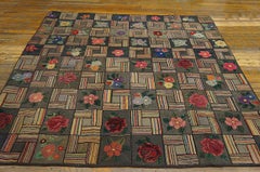 Grand Gray Background & Symmetrical-Floral Pattern Antique American Hooked Rug