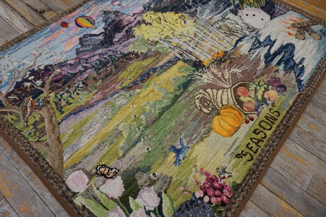 Scenic American Hooked Teppich mit Kapuze aus der Mitte des 20. Jahrhunderts ( 3'2