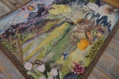 1940s Seasonal Landscape Antique American Hooked Rug 3'2"x3'10" Folk Art Carpet