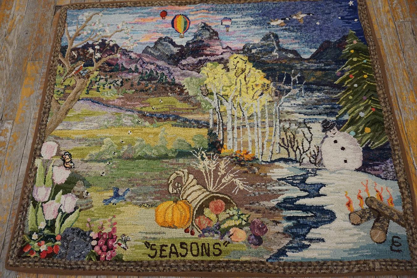 Scenic American Hooked Teppich mit Kapuze aus der Mitte des 20. Jahrhunderts ( 3'2
