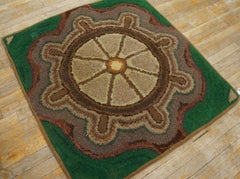 1930s Green Pictorial Sailboat FolkArt American Hooked Rug 3'4"x3'6" Wool Carpet