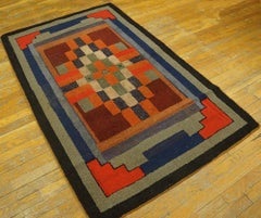 1920s Blue Medallion Antique American Hooked Rug 3'6" x 5'6" Knotted Wool Carpet