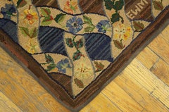 1930s Blue Brown Floral Lattice Antique American Hooked Rug 3' 6" x 6' 4" Carpet