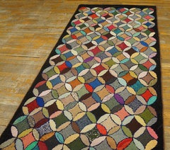 1920s Colorful Circles Folk Art Antique American Hooked Rug 3'7" x 8'9" Carpet