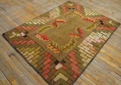 Majestic Olive Color with Delicate Palmettes Design Antique American Hooked Rug