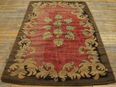 1930s Red Gold Antique American Hooked Rug 4' 3" x 6' 9" Folk Art Leaf Carpet