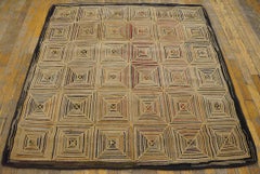 1890s Brown Geometric Folk Art American Hooked Rug 45' 'x4'5'' Woven Wool Carpet