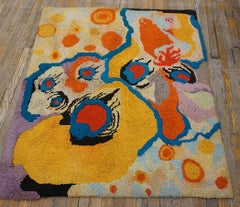 1970s Multi Abstract Art Modern Vintage American Hooked Rug 4'x4'7" Woven Carpet