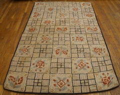 1930s Beige Folk Art Basketweave Antique American Hooked Rug 4'x7'1" Wool Carpet