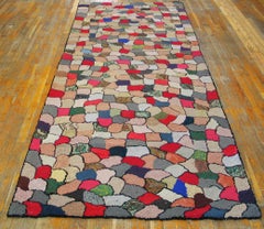 1930s Multicolor Geometric Antique American Hooked Rug 4'0"x10'4" Wool Carpet