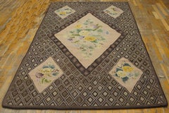 Charming Brown Color with Floral-Medallion Design Antique American Hooked Rug