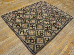 1920s Gray Geometric Folk Art American Hooked Rug 4'2" x 5'6" Woven Wool Carpet