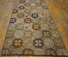 1900s Earth Tone Geometric Antique American Hooked Rug 4'2"x8'10" Woven Carpet