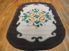 1930s Ivory Rose Folk Art Antique American Hooked Rug 4' 5" x 7' 9" Woven Carpet