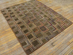 1920s Log Cabin Folk Art American Hooked Rug 4'8"x5'6" Handwoven Wool Carpet
