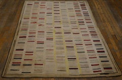 1920s Beige Stripe Antique American Hooked Rug 4'8" x 6'6" Handwoven Wool Carpet