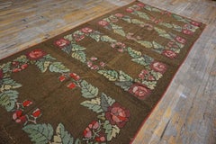 1920s Brown Green Red Rose Antique American Hooked Rug 5' x 16' Folk Art Carpet