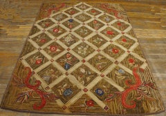 1870s Brown Diagonal Folk Art Antique American Hooked Rug 5'0"x7'3" Woven Carpet