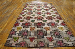 1920s White Folk Art Basket American Hooked Rug 5'10"x11'10" Woven Wool Carpet