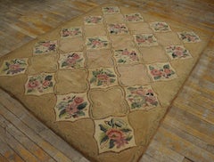 1960s Camel Roses Folk Art Vintage American Hooked Rug 5'3" x 6'7" Woven Carpet