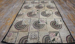 1930s Ivory Circles Folk Art Antique American Hooked Rug 5'6"x9'0" Woven Carpet