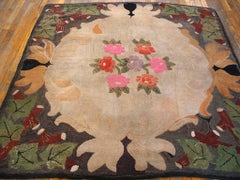 Sensational Ivory Color With Special Floral Design Antique American Hooked Rug