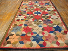 1900s Colorful Star Antique American Hooked Rug 5'8" x 11' Wool Folk Art Carpet