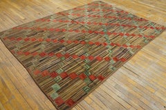 1900s Multi Brown Geometric Antique American Hooked Rug 5'9" x 8'2" Wool Carpet