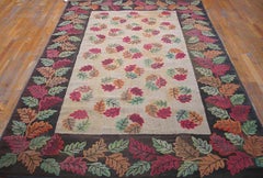 1900s Ivory Foliate Antique American Hooked Rug Handwoven Wool 6'x8'10" Carpet