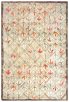 1910 Ivory Orange Autumn Leaf Antique American Hooked Rug 6'x9' Wool Folk Carpet