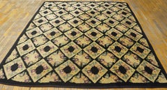 1930s Black Yellow Purple Antique American Hooked Rug 6'2" x 7'1" Floral Carpet