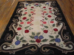 Delicate Red Roses on Folk Art Styles & Ivory Ground Antique American Hooked Rug