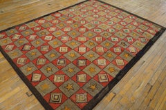 1920s Red Gray Checkerboard Antique American Hooked Rug 6'8" x 7'5" Wool Carpet