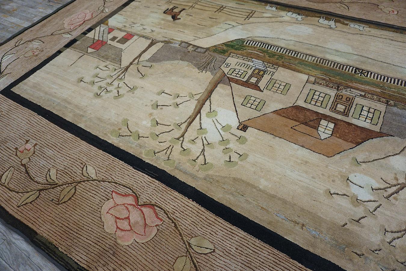 Scenic American Hooked Teppich mit Kapuze aus dem frühen 20. Jahrhundert ( 8'9'' x 11'8'' - 267 x 356
