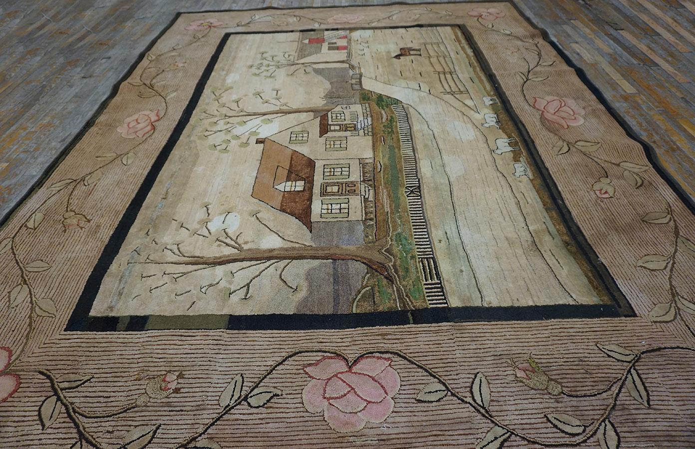 Scenic American Hooked Teppich mit Kapuze aus dem frühen 20. Jahrhundert ( 8'9'' x 11'8'' - 267 x 356